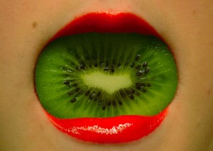 Kiwi - I wanted to provide some contrast to make my red lips really stand out, so I thought why not deep throat some kiwi. I consider this an unmitigated success. I particularly like the shape the center of kiwi makes. *PSE